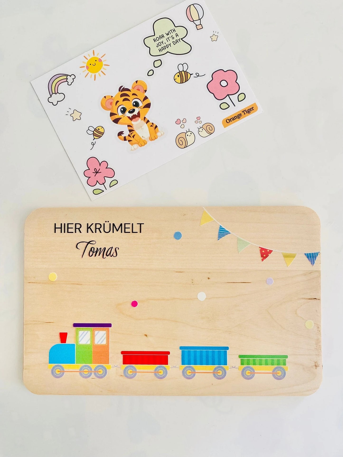 Breakfast board with a colorful cargo train.