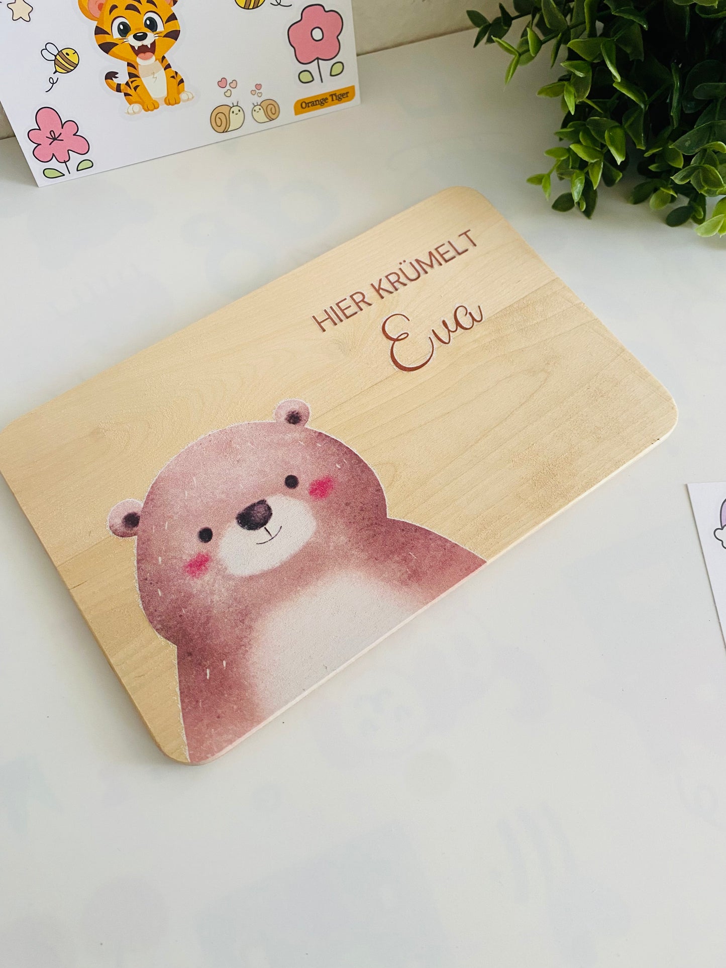 Bibi brown bear with blushing brotzeit board with name printed on it.