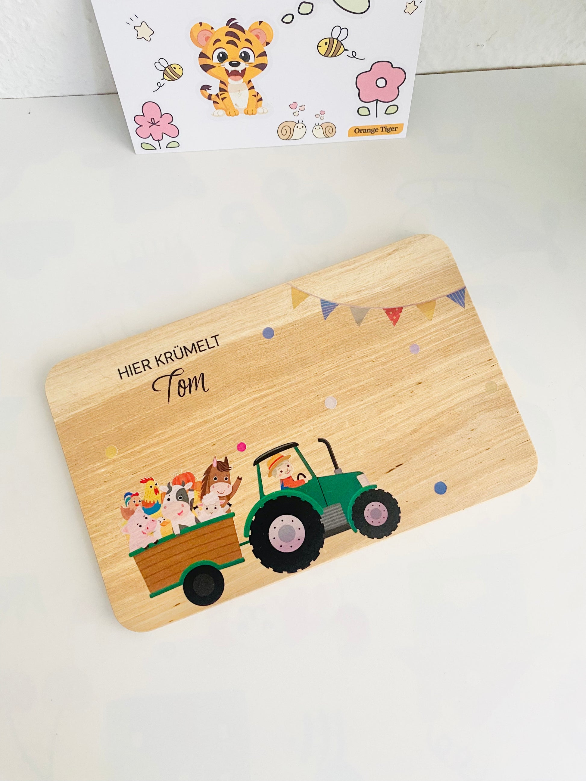 Bread board for kids with  Farm animals like pig, Cow, Duck, Sheep, Chicken, Roaster saying Hello in a green truck driven by Old MacDonald motif.Miracle gift, baby gift